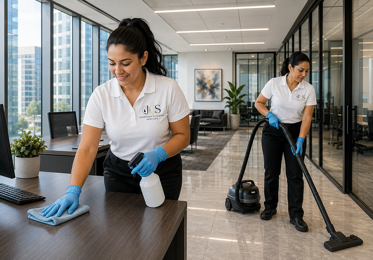 Two commercial office cleaners in Phoenix, Arizona cleaning an office