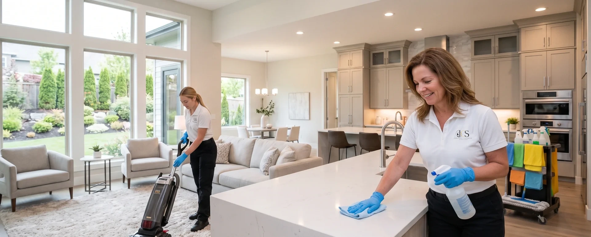 Two house cleaners cleaning a kitchen in Phoenix Arizona