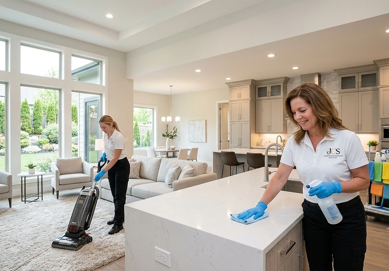 Two house cleaners cleaning a residential kitchen in Phoenix, AZ