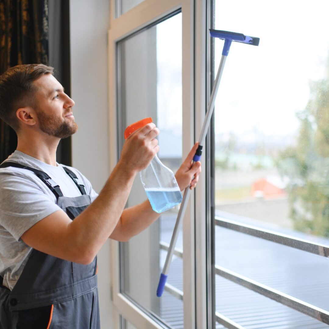 Man cleaning large glass window with squeegee